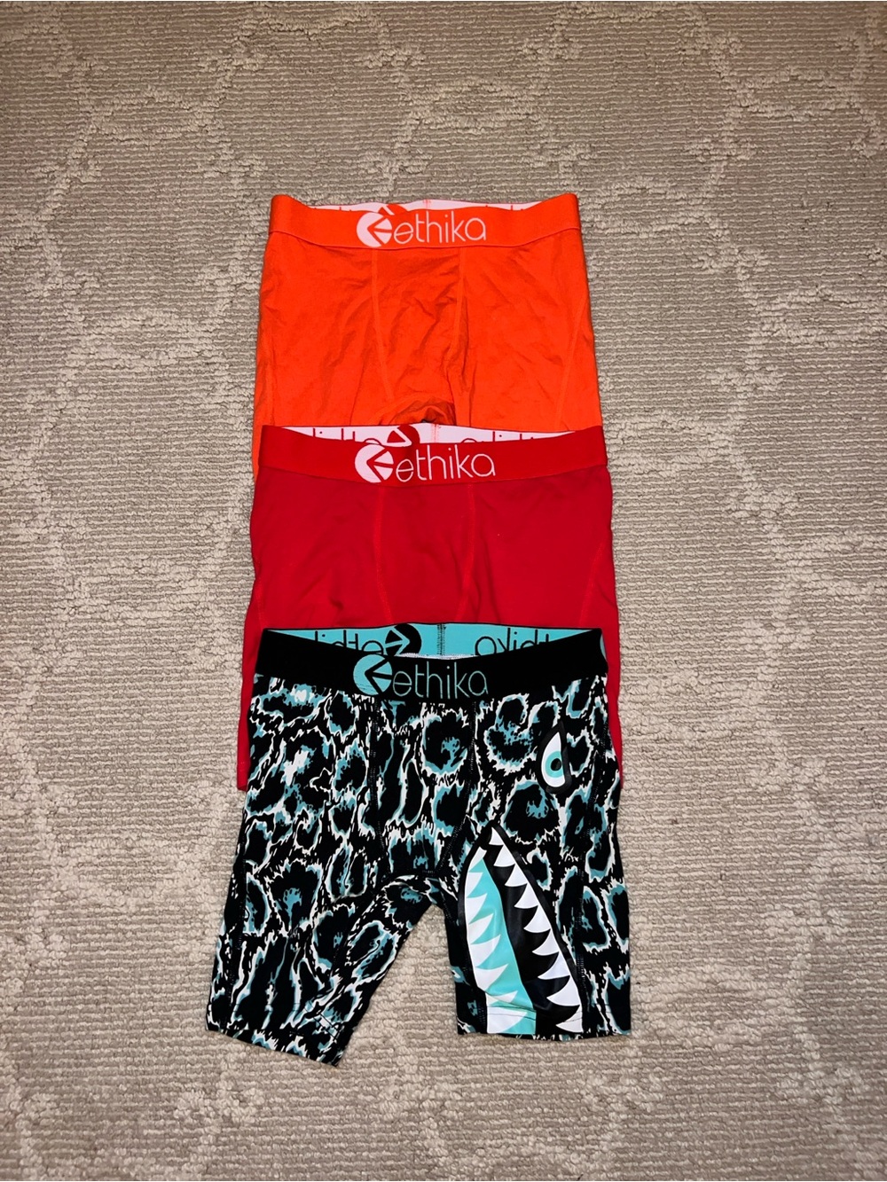 ethika Kids 3-Pack Shorts — Orange, Red & Black/Teal Shark Print